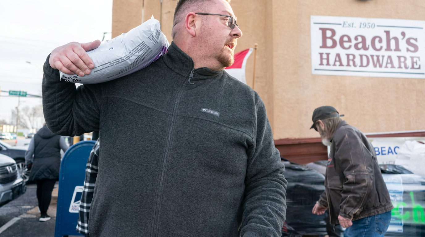 A neighbor carrying a bag of supplies out of Beach's Hardware in Bristol, PA